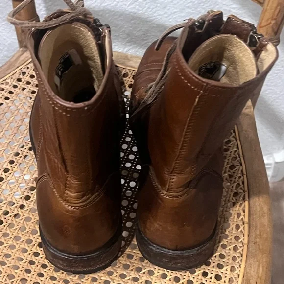Frye Tyler Brown Leather Double Zip Lace-Up Boots with Brogue Detailing